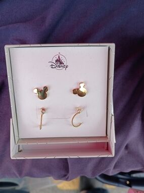 Disney Gold Mickey Stud & Chain Earrings Set